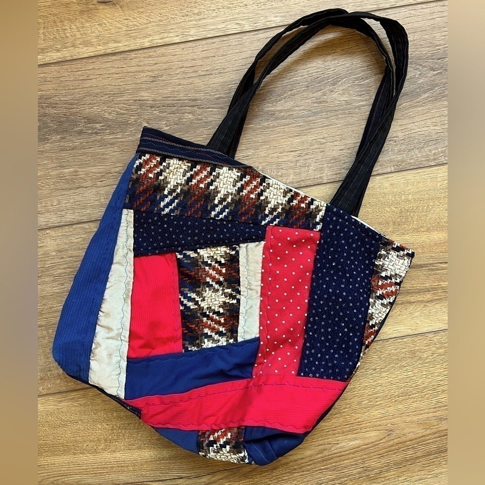 Handcrafted Quilted Patchwork Red/Navy/Tan Tote fully Lined